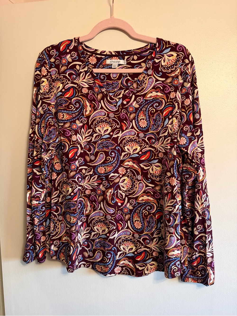 Chico's Women's Purple Paisley V-Neck Long Sleeve Top